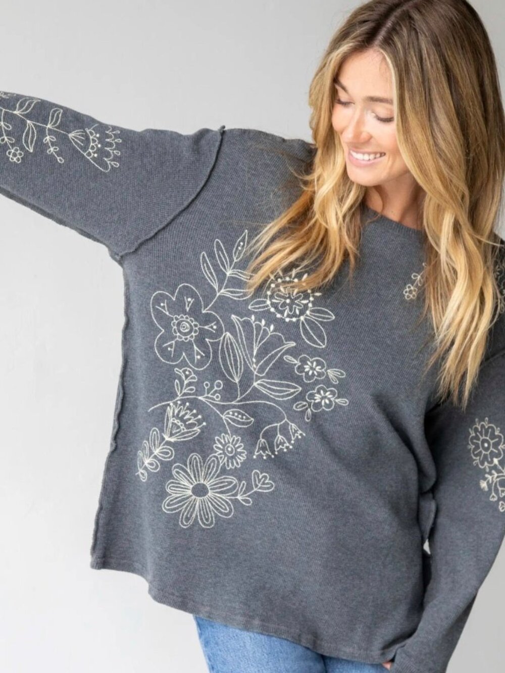 Natural Life Gray Aida Embroidered Thermal Long Sleeve Shirt Size S M